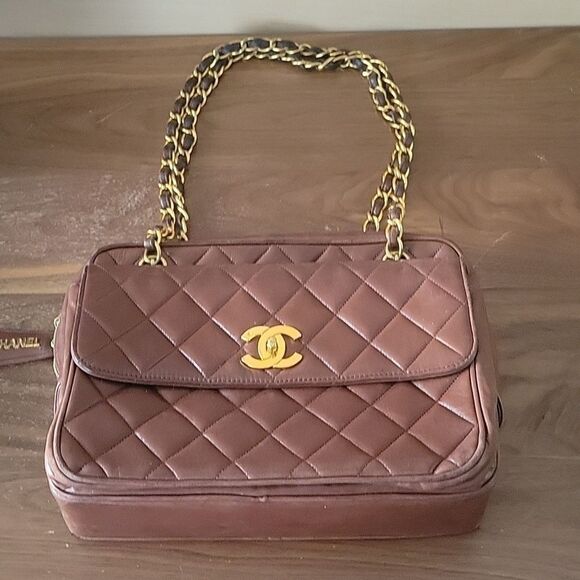 Chanel VTG Brown Lambskin Leather GM Medium Shoulder Flap Camera Bag Rare GHW - Picture 6 of 16